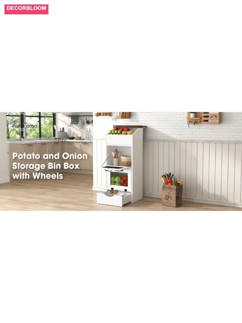 Patiorama 4-Tier Wood Potato Onion Storage Bin Bread Box Wheeled Drawer